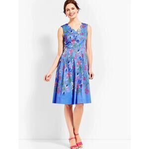 RSVP By Talbots Fit & Flare Blue Floral Cottagecore Dress w/ Scallop Neck Line
